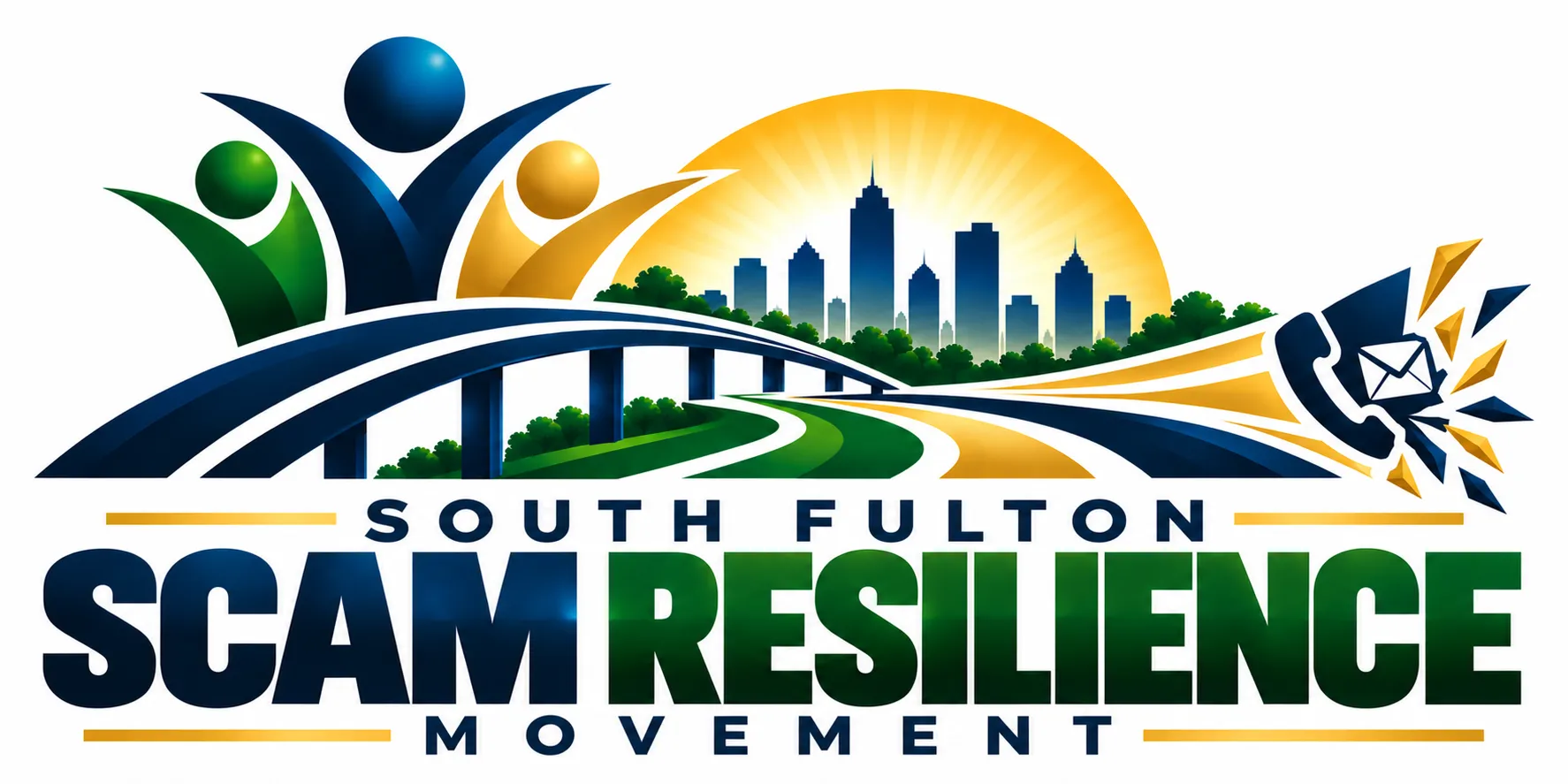 South Fulton Scam Resilience Movement — a horizontal emblem in navy, green and gold: three figures with raised arms beside a sweeping bridge and pathway leading past a city skyline at sunrise toward a shattering telephone handset.