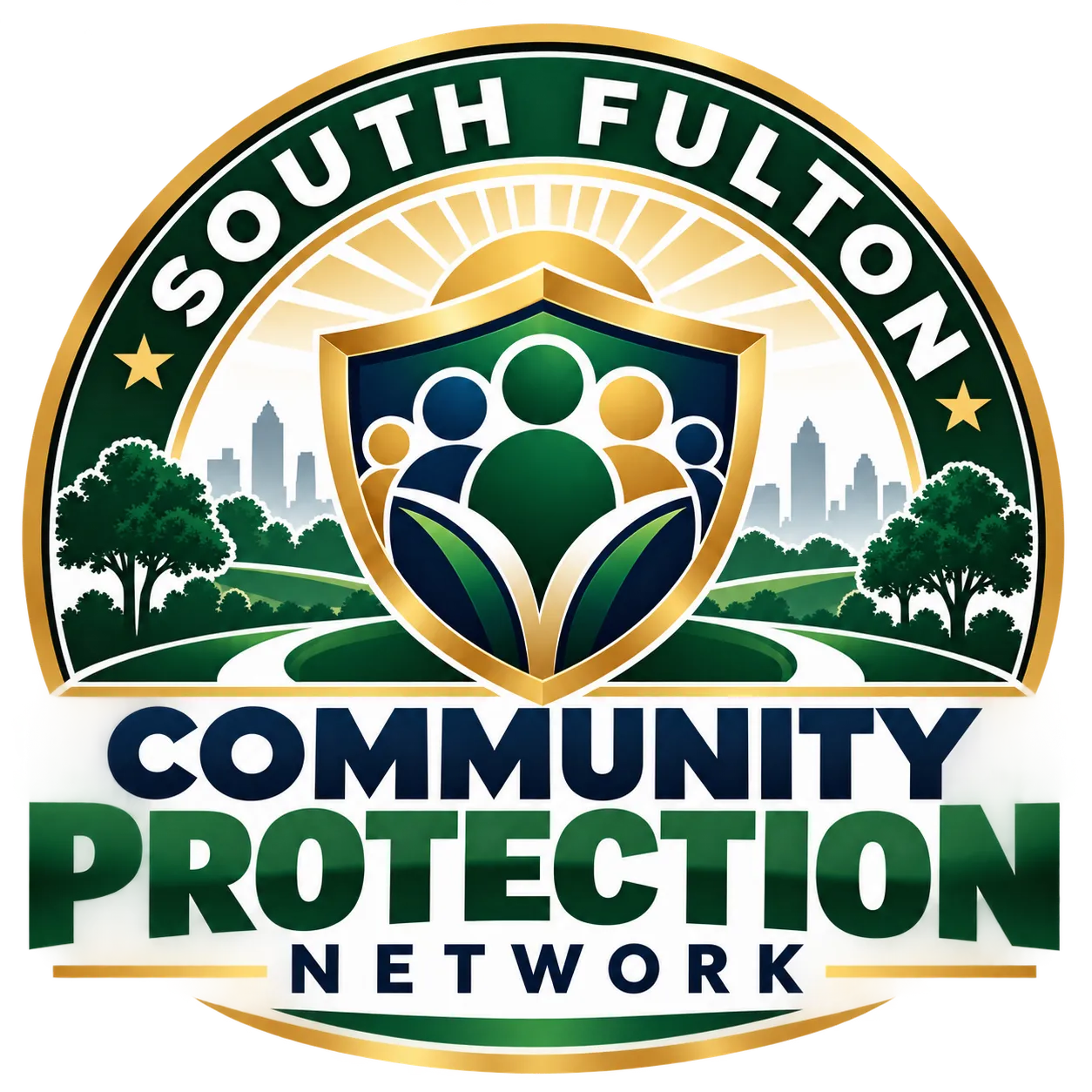 South Fulton Community Protection Network — a circular civic emblem in deep green, gold and navy: SOUTH FULTON arcs above a gold-edged shield holding a group of figures, set against trees, a city skyline and a sunrise.